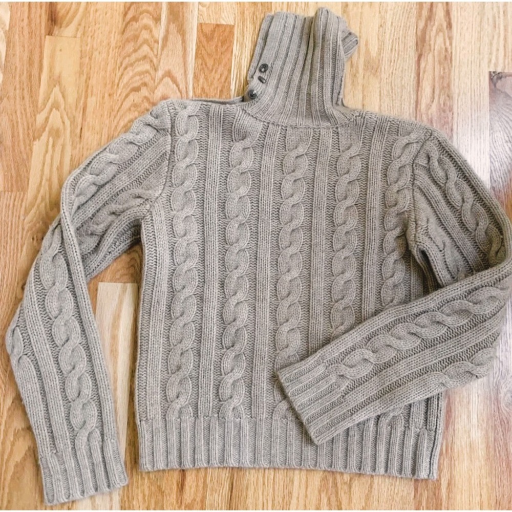 vtg Ralph Lauren Cable knit Sweater M Cashmere Tan Cowl neck button-shoulder y2k - Picture 6 of 10